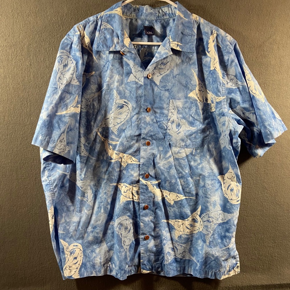men Cotton fish camp Shirt‎ large blue Marlin Short Button fishing vacation
